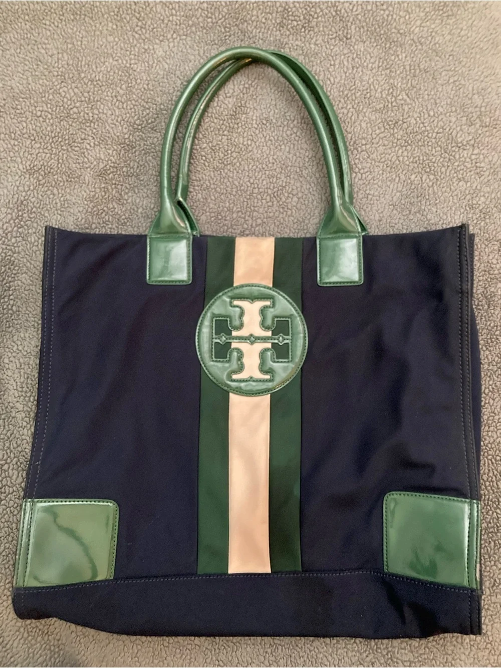 Tory Burch Navy Canvas Tote with Green and Beige Stripe